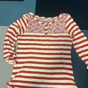 Anthropologie Red and White Striped Long Sleeve Top